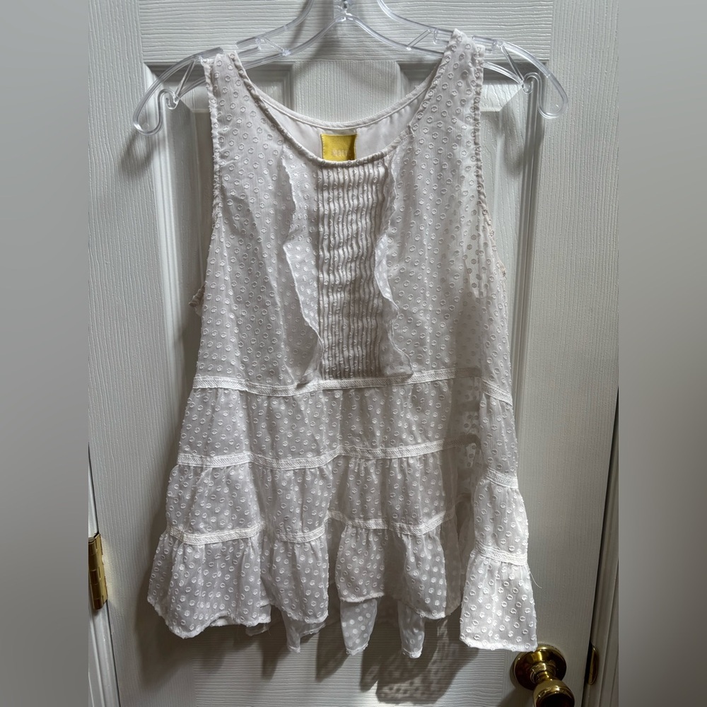 Maeve White Sheer Sleeveless Polka Dot Frilly Romantic Babydoll Top, Size S, EUC